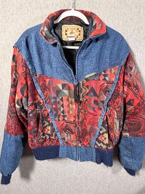 Rode Walker Vintage 90s Women's Bomber Jacket Denim Quilted Tribal Aztec Small